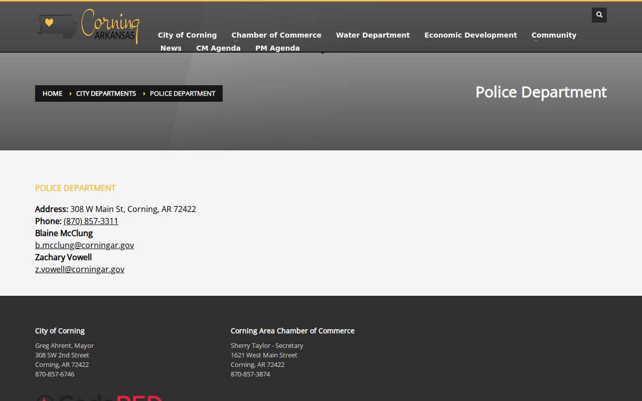 Corning criminal records police department contact page